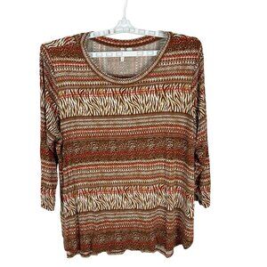 Cato Womens Plus 18/20W Brown Print 3/4 Sleeve Stretch Blouse Rayon/Spandex